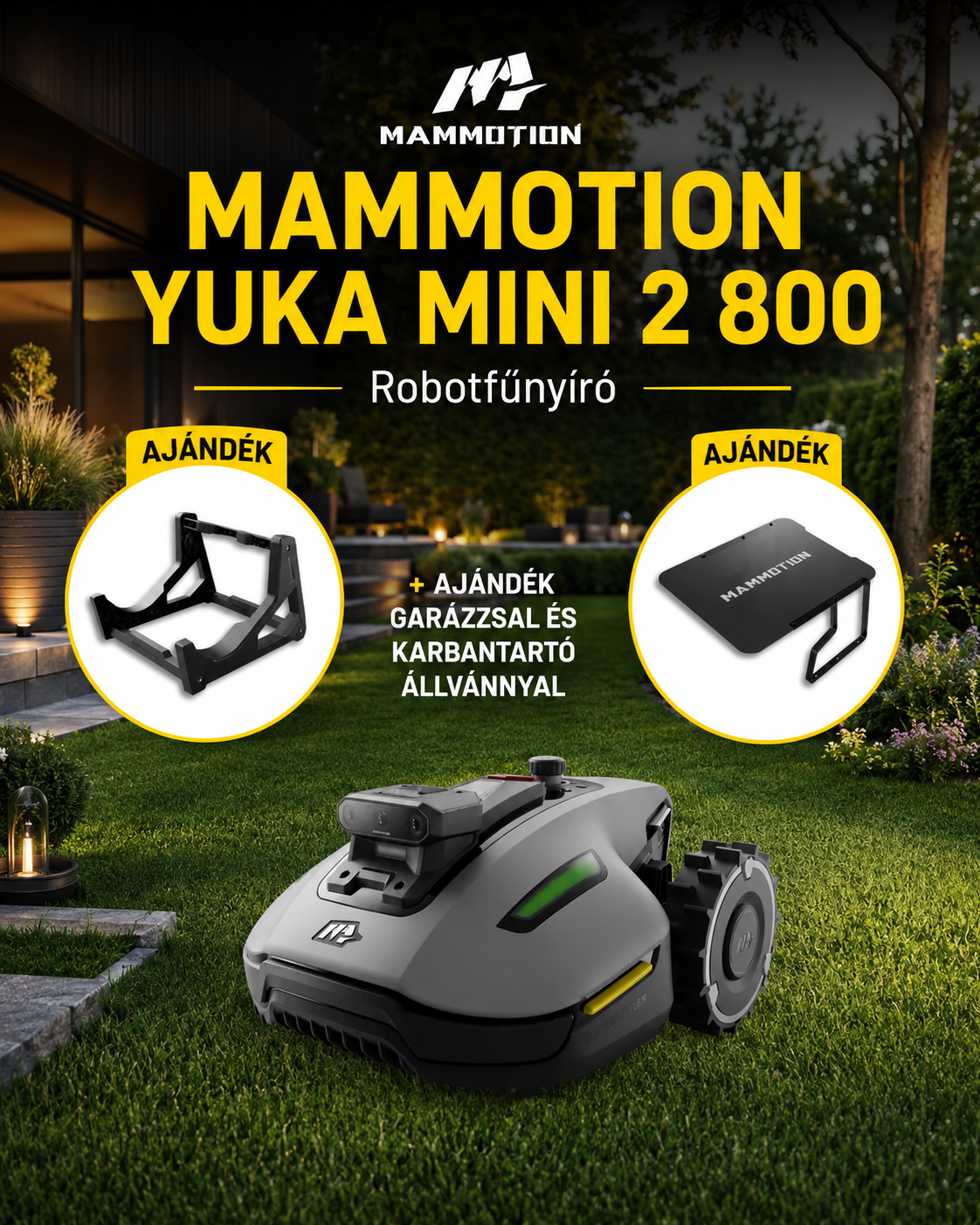 YUKA mini 2 800 robotfűnyíró Ajándék Garázs + Karbantartó Állvány